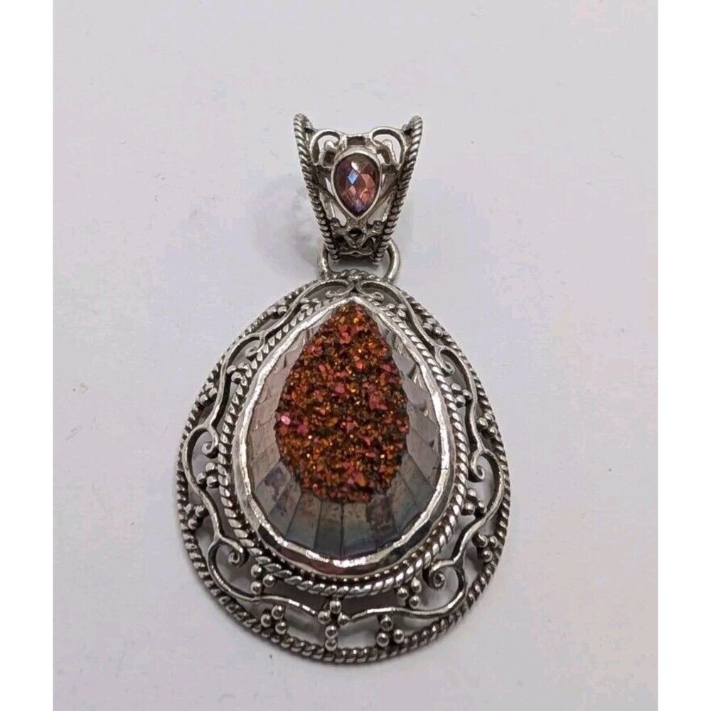 SAJEN Rainbow Pink Druzy Quartz Gemstone Pendant 925 Sterling Silver Jewelry